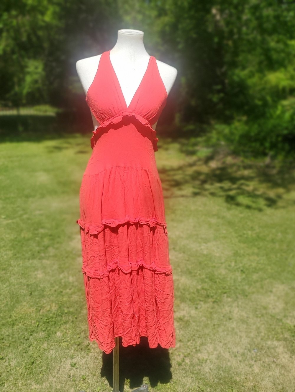 SHEIN Watermelon Ruffle-Tier Halter Maxi Dress